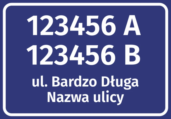 Address label with street and house number - Rectangular design featuring white text on a blue background.