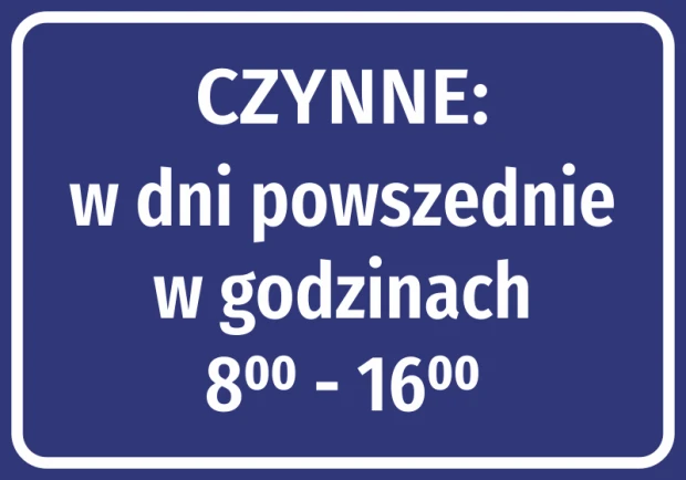 Open Hours Sticker - Graphic Design. Blue background with white text displaying opening hours.