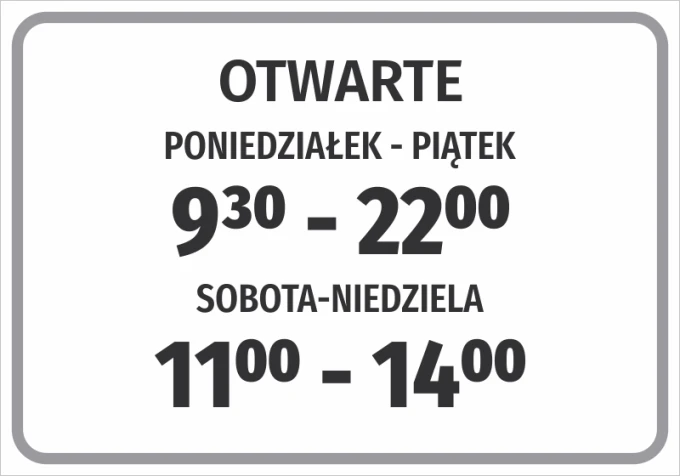 Open sign with business hours - Graphic design. Simple rectangle with large letters and clear numbers.
