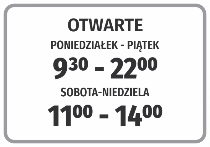 Open sign with business hours - Graphic design. Simple rectangle with large letters and clear numbers.