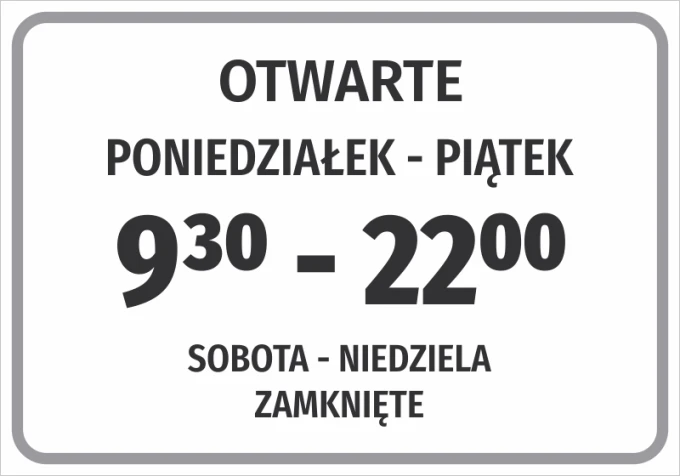 Open sign with business hours - Graphic design. Simple rectangle with large text and hours.