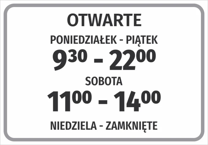 Open sign with business hours - Graphic design. Simple rectangle with large letters and clear hours.