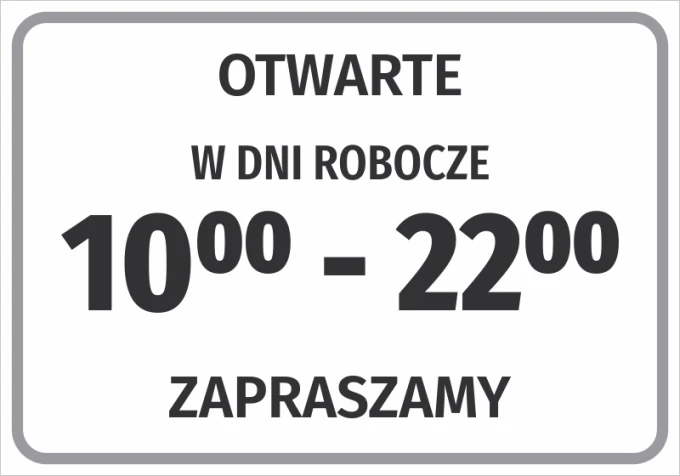 Open sign with working hours - graphic design. Simple layout with large letters on a white background.