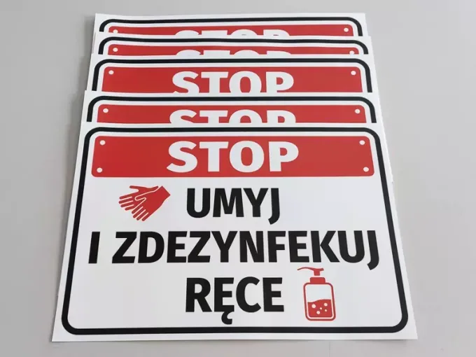 Wash and disinfect hands sticker - Graphic design with red STOP text, hands, and a bottle of liquid.