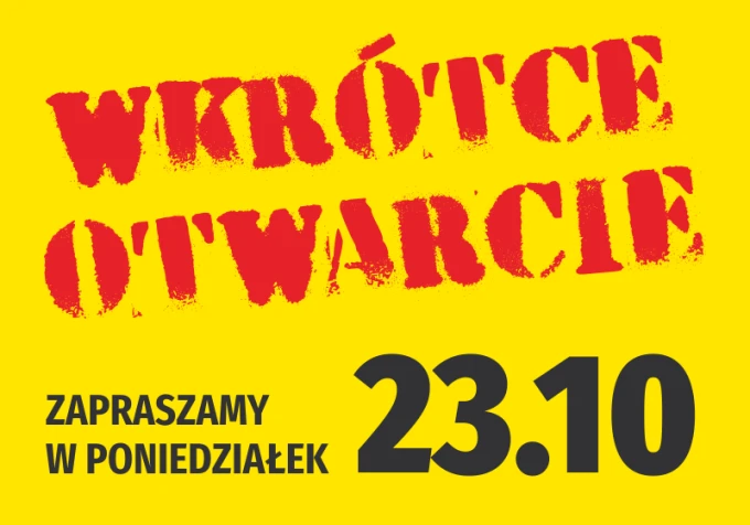 Soon opening sticker - inviting with date - Graphic design. Yellow background, red text, and black date.