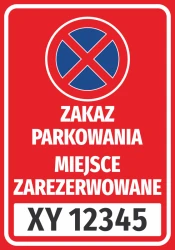 No parking sticker, reserved space, with a field for vehicle registration number - Graphic design. Red background.
