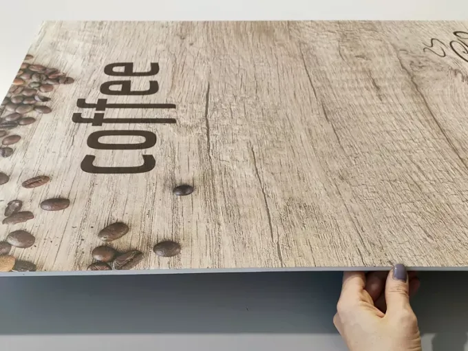 Chalkboard with coffee print 034 - Features a wood design with coffee beans and the word coffee.