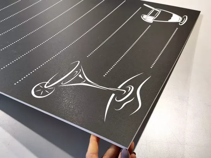 Chalkboard with drink print 023 - Features sketches of glasses and decorative lines.