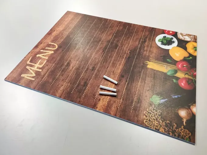 Chalkboard menu 032 with a graphic design featuring vegetables and text on a wooden background.