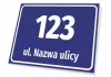 Address plaque with street and house number - Rectangular design with white text on a blue background.