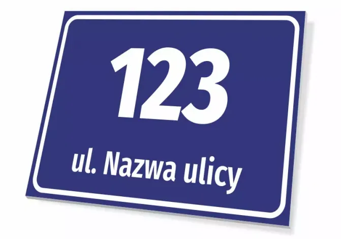 Address plaque with street and house number - Rectangular design with white text on a blue background.