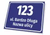 Address plaque with street and house number - Simple rectangular design with blue background and white text.