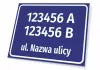 Address plaque with street and house number - Simple blue rectangle design with white text.