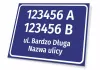 Address plaque with street and house number - Rectangular design with white text on a blue background.