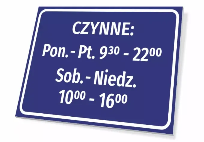 Open Hours Sign - Graphic Design. Rectangular sign with a blue background and white text.