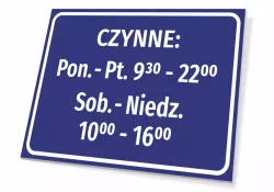 Open Hours Sign - Graphic Design. Rectangular sign with a blue background and white text.