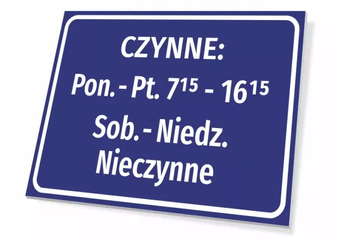 Open Hours Sign - Graphic Design. Rectangular sign with a blue background and white text.
