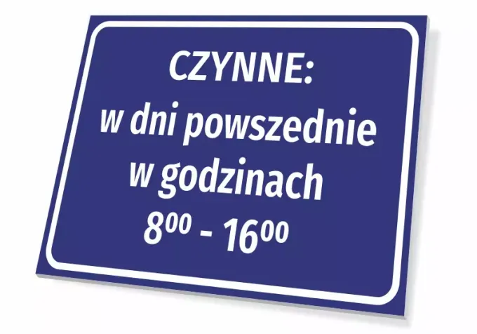 Open Hours Sign - Graphic Design. Simple rectangular sign with a blue background and white text.