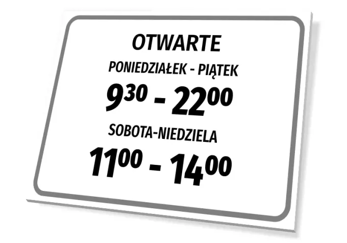 Open sign - business hours - graphic design. Rectangular sign with black text on a white background.
