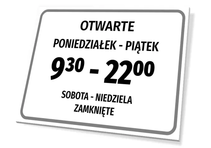 Open Hours Sign - Graphic Design. Rectangular sign with large letters, black text on a white background.