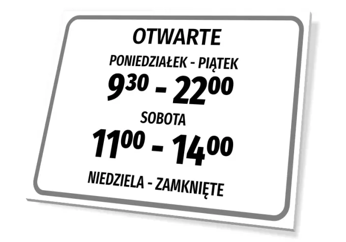 Open Hours Sign - Graphic Design. Rectangular sign with large black letters on a white background.