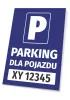 Parking sign for vehicle with registration number field - graphic design. Simple shape, blue background, large letter P.