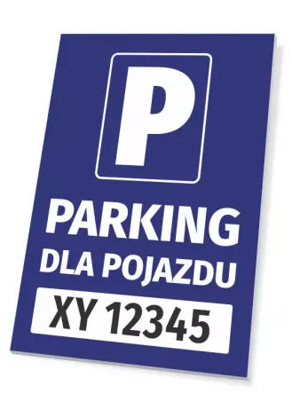 Parking sign for vehicle with registration number field - graphic design. Simple shape, blue background, large letter P.