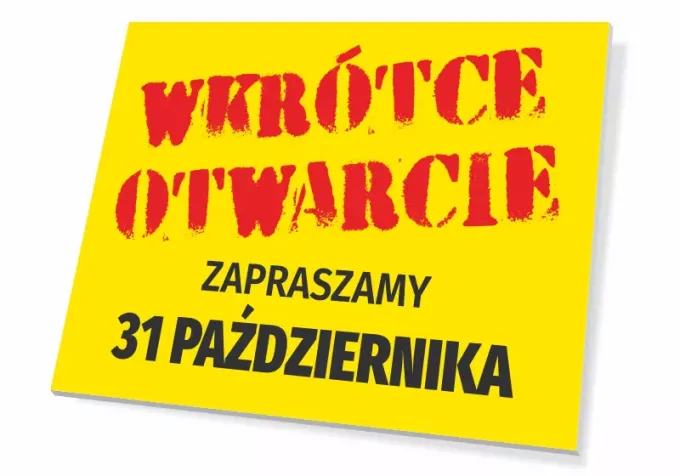 Coming Soon sign - inviting with date - Graphic design. Yellow background with red letters and black date.