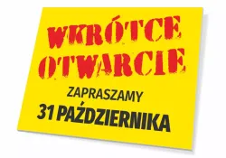 Coming Soon sign - inviting with date - Graphic design. Yellow background with red letters and black date.