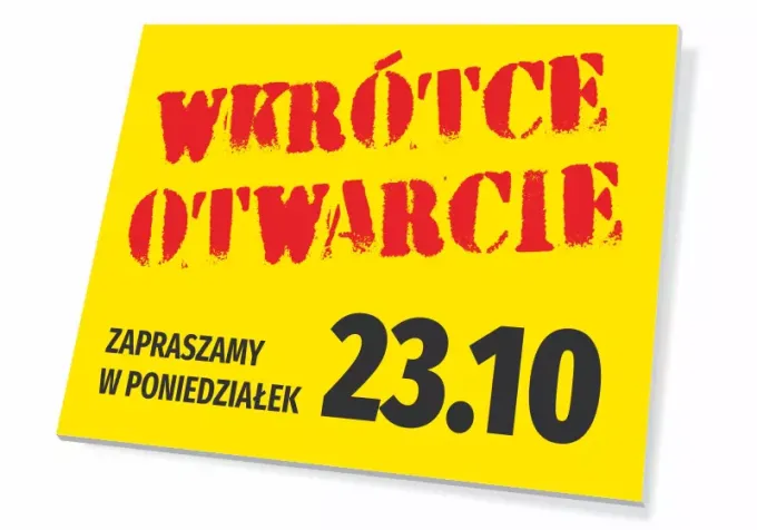 Coming Soon sign - inviting with date - Graphic design. Yellow background with large red letters and black date.