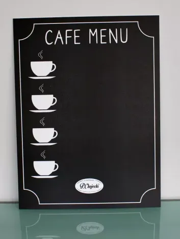 Individual chalkboard with a printed design, reinforced with 5mm PVC backing, measuring 65x90 cm - Black background.