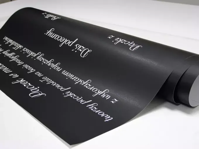 Custom chalkboard with a graphic design, 110x140 cm - Black background with white text in various styles.