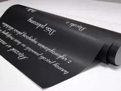 Custom chalkboard with a graphic design, 110x140 cm - Black background with white text in various styles.