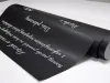 Custom chalkboard with a graphic design, 110x140 cm - Black background with white text in various styles.