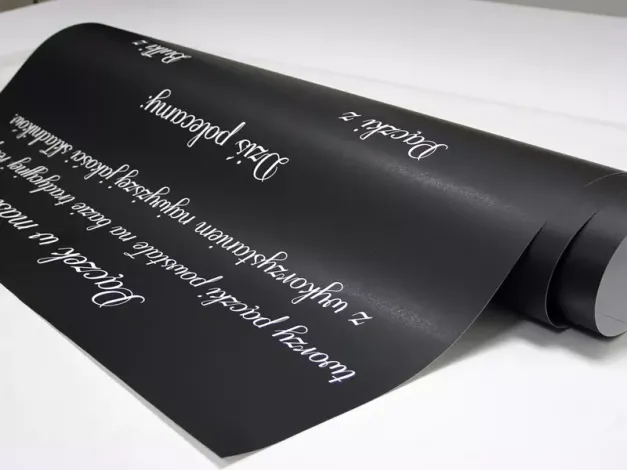 Custom chalkboard with a graphic design, 110x140 cm - Black background with white text in various styles.