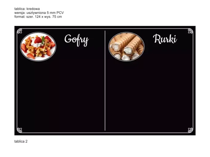 Individual chalkboard with a printed PVC backing, 5 mm thick, measuring 124x75 cm - Graphic design on the left side.