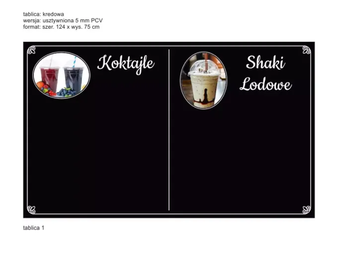 Individual chalkboard with a printed PVC backing, 5 mm thick, measuring 124x75 cm - Graphic design visible on the board.