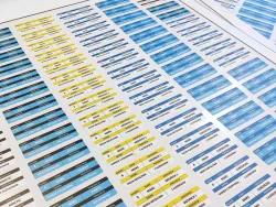 set of die-cut stickers as per specifications - Graphic design. Simple rectangles in various colors with text