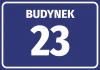 Building sticker with number and letter - Rectangular design with blue background and white text BUDYNEK.
