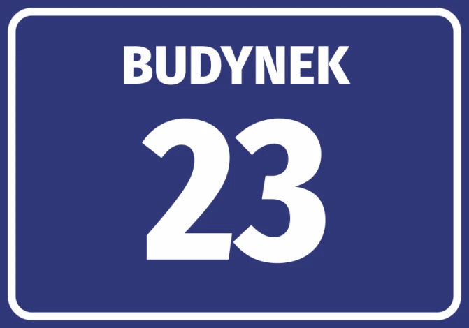 Building sticker with number and letter - Rectangular design with blue background and white text BUDYNEK.