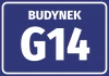 Building sticker with number and letter - Graphic design. Blue background with white text BUILDING and large letter G.