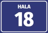 Sticker for hall with number and letter designation - Rectangular design with blue background and white text HALA.
