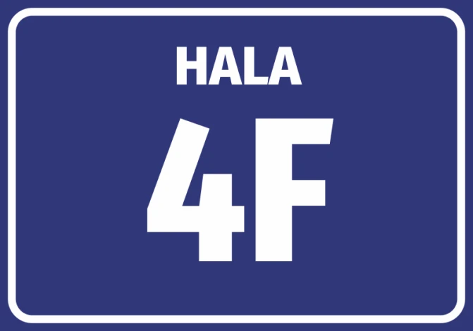 Hall sticker with number and letter designation - graphic design. Simple shape, dark blue background, white letters and border.