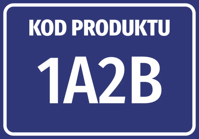 Product label with code and number - Graphic design. Rectangular sticker with white text on a blue background.