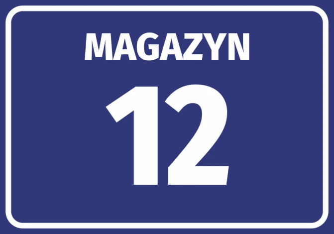 Warehouse sticker with number and letter designation - Graphic design. Rectangle with blue background and large white text.