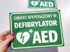 AED Defibrillator Equipped Sticker - Graphic Design. Green background with white text and heart symbol.
