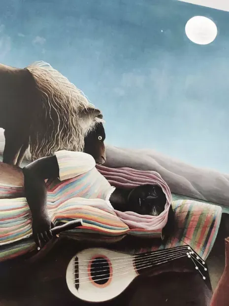 Reproduction of La zingara addormentata by Henri Rousseau - Graphic design featuring a reclining figure with an instrument and an animal at night.