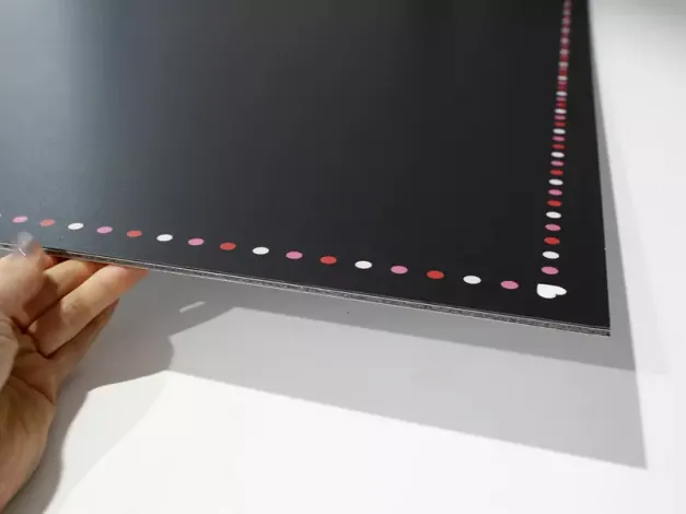 Chalkboard with a 3mm dibond backing - Graphic design. Black background with colorful dots along the edges.