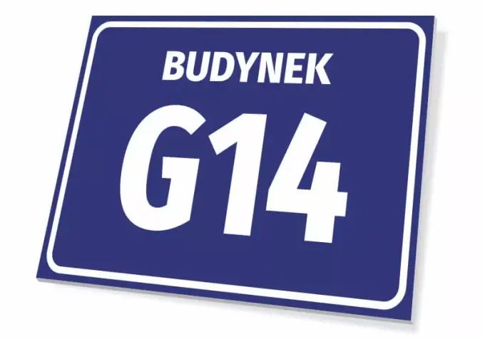 Building sign with number and letter - Rectangular plaque with blue background and white text BUILDING.