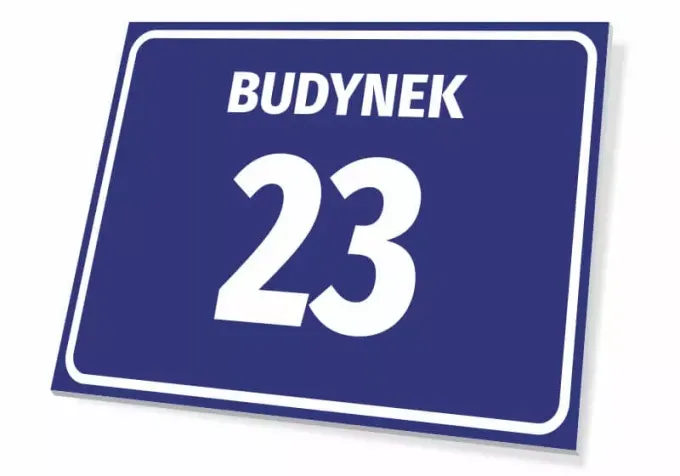 Building sign with number and letter - Rectangular plaque with blue background and white text BUILDING.
